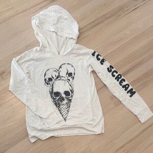 Lauren Moshi White Hooded Long Sleeve Tee with Black Skull Ice Cream Graphic